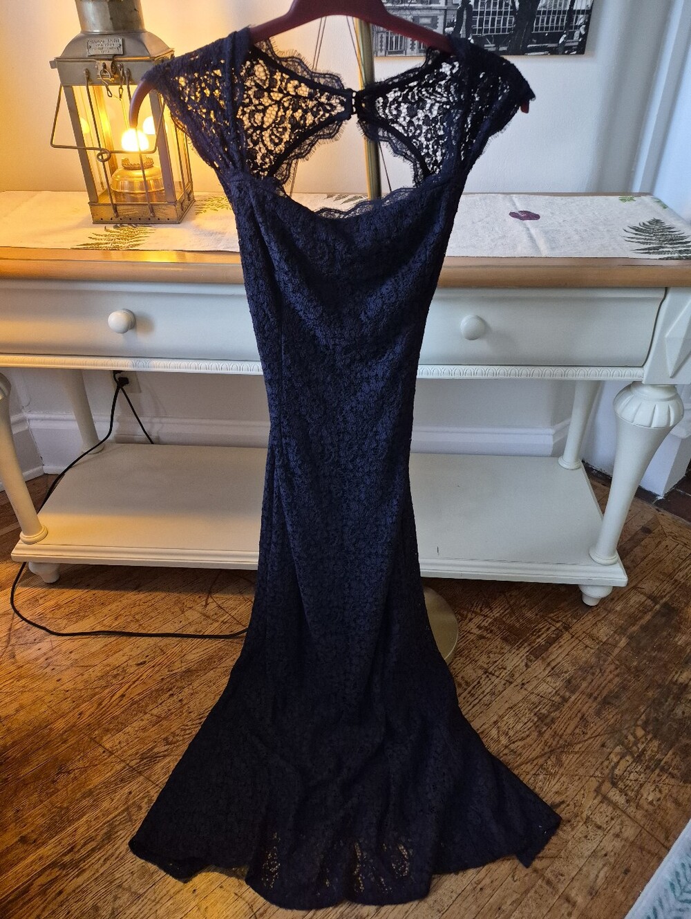 Adrianna Papell Navy Lace Maxi Gown w/Keyhole Back & Split